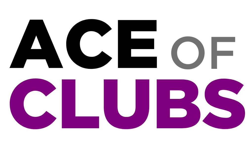Ace of Clubs logo with lettering in purple, black, and grey themes